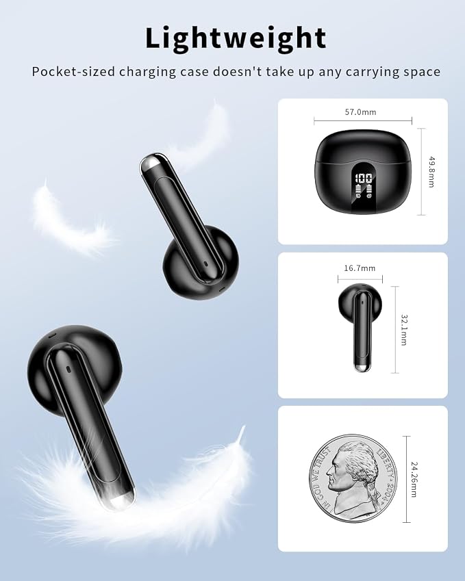 Wireless Earbuds, 2026 Bluetooth 5.4 Headphones Bass Stereo Ear Buds with Noise Cancelling Mic, LED Display in Ear Earphones 50H Playtime Ear Buds, IP7 Waterproof for Laptop Pad Phones Deep Black