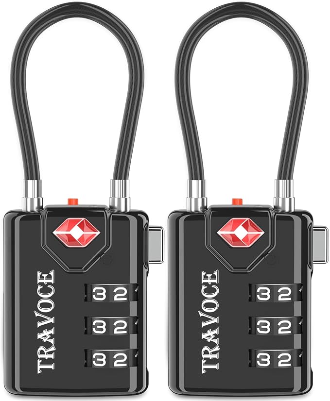 TRAVOCE TSA Approved Luggage Locks - Heavy Duty 3 Digit Combination Cable Lock, Search Alert for Suitcases, Backpacks, Golf Bags, Tents, Violin and Camera Cases, 2 Pack, Black