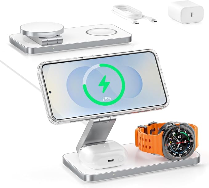 3-in-1 Charging Station for Samsung, Magnetic Fast Wireless Charger Stand Compatible with MagSafe for Galaxy S26/S25/S24/S23/Z Fold/Flip 7 Series, Galaxy Watch Ultra/8/7/6/5, Galaxy Buds Pro/4//3/2