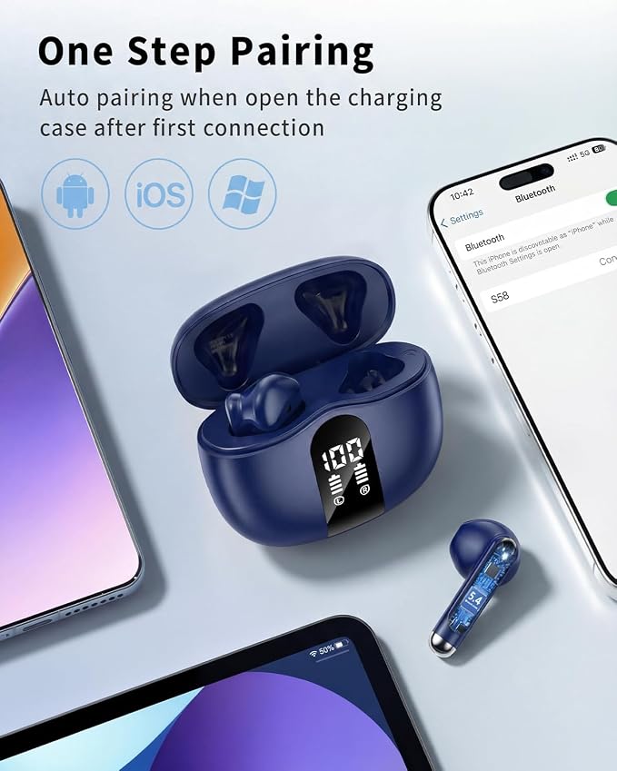 Wireless Earbuds, 2026 Bluetooth 5.4 Headphones Bass Stereo Ear Buds with Noise Cancelling Mic, LED Display in Ear Earphones 50H Playtime Ear Buds, IP7 Waterproof for Laptop Pad Phones Pure Blue