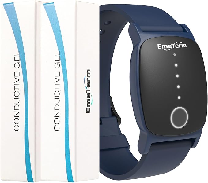 EmeTerm Explore FDA-Cleared Anti-Nausea Wristband IP67 Waterproof Morning Motion Travel Sickness Relief Classic Strap Design (Navy Blue-Extra 2pack Conductive Gel)