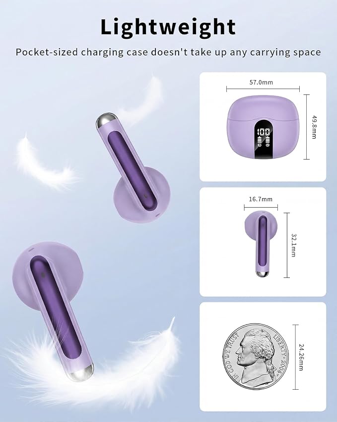 Wireless Earbuds, 2026 Bluetooth 5.4 Headphones Bass Stereo Ear Buds with Noise Cancelling Mic, LED Display in Ear Earphones 50H Playtime Ear Buds, IP7 Waterproof for Laptop Pad Phones Pure Purple
