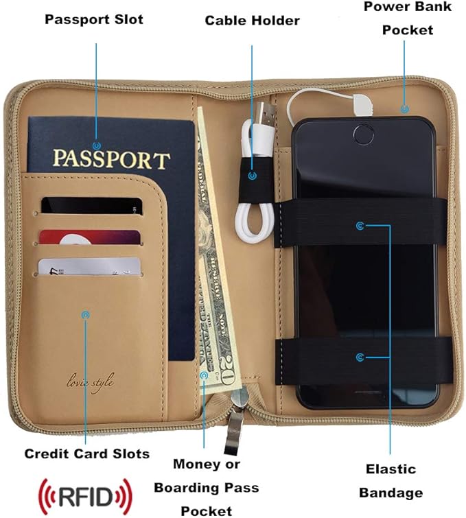 Phone Charging Passport Holder - Travel Wallet with Removable Power Bank holds money, cards, phone, travel docs- RFID Blocking - Compatible with All Phones - Travel Accessories