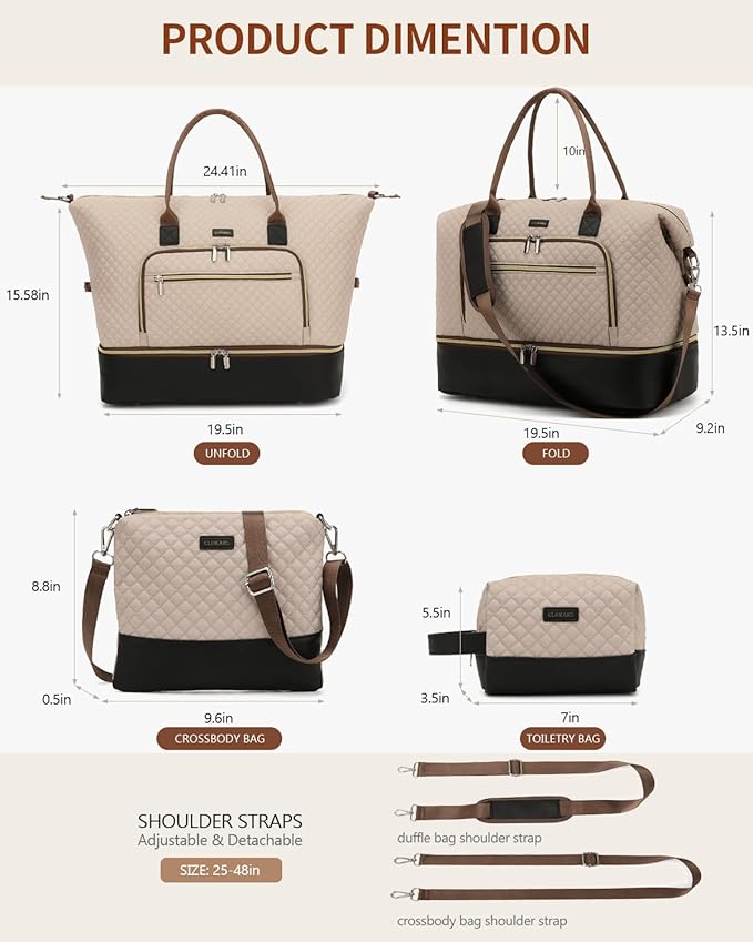 Weekender Bags for Women Travel, Under Seat Carry On Bags for Airplanes Overnight Bag with Shoe Compartment Luggage Sleeve, Foldie Travel Tote Bag Hospital Bag, Travel Gifts, Nude Black