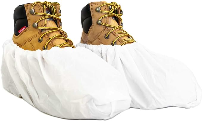 Waterproof Boot and Shoe Covers - Durable, Extra Large, Stretchable Up to Size 14 Work Boot - Dispenser Box Contains 80 Shoe Covers (40 Pair) - White