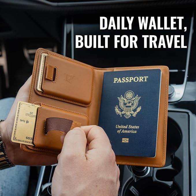 Kings Loot Passport Holder Wallet – RFID Blocking Leather Travel Wallet with Built-in Airtag Holder – Holds 1-6 Cards & Passport – Easy Pull Tab – Slim & Stylish Wallets (Truffle)