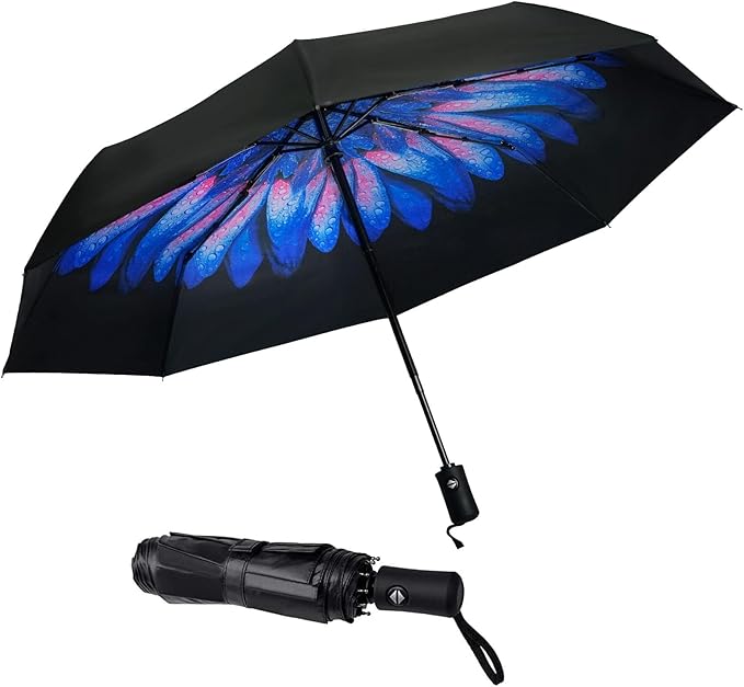 SY COMPACT Travel Umbrella - Windproof Automatic Compact Umbrella for Rain, Lightest 8-Rib, Small, Strong & Portable, Durable Grip, Fits Backpack & Car, Factory Direct (UV Available)