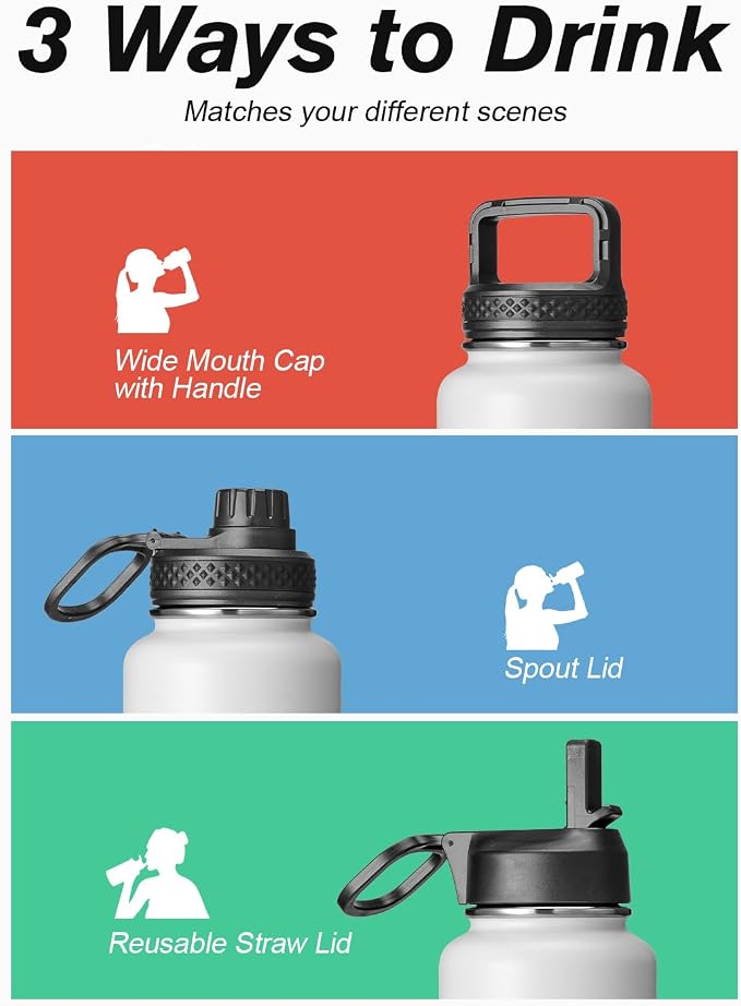 Coolflask Water Bottle 40 oz Insulated with Straw, Stainless Steel Metal 3 Lids Water Flask for Sports or Office, Keep Cold 48H Hot 24H, White