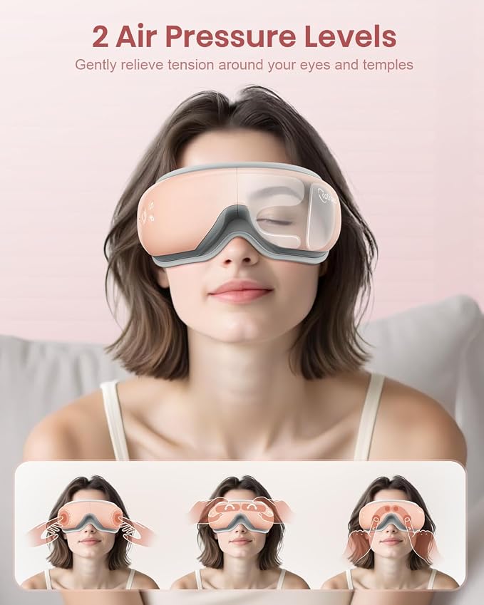 Cotsoco Eye Massager with Heat, Remote, and Compression, Adjustable Foldable Sleep Mask for Relaxing Eyes and Better Sleep, Migraine Relief Device, Birthday Gifts for Women Men Her Him-Pink