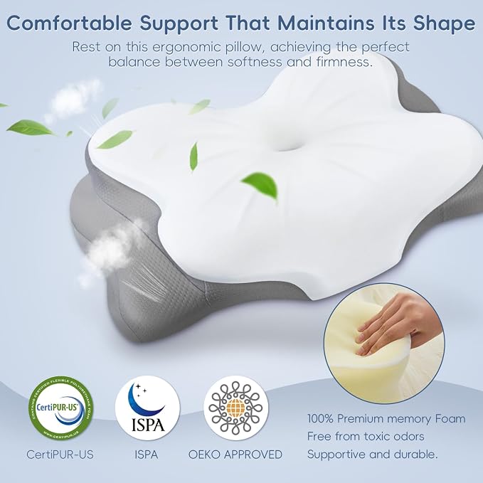 Cervical Neck Pillow, Ergonomic Memory Foam Pillow for Neck Pain Relief with Dual-Height Design, Breathable Cover, Neck Support for Side Back & Stomach Sleepers, Odorless White 1 pcs