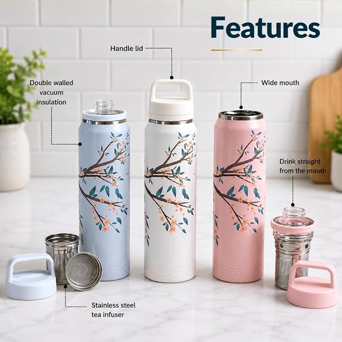 Farasi Tea Infuser Bottle for Loose Leaf Tea Insulated Stainless Steel Water Bottle Tumbler - Portable Coffee, Fruit, Loose Leaf Infuser Mug- Leakproof Blue Floral 24 oz