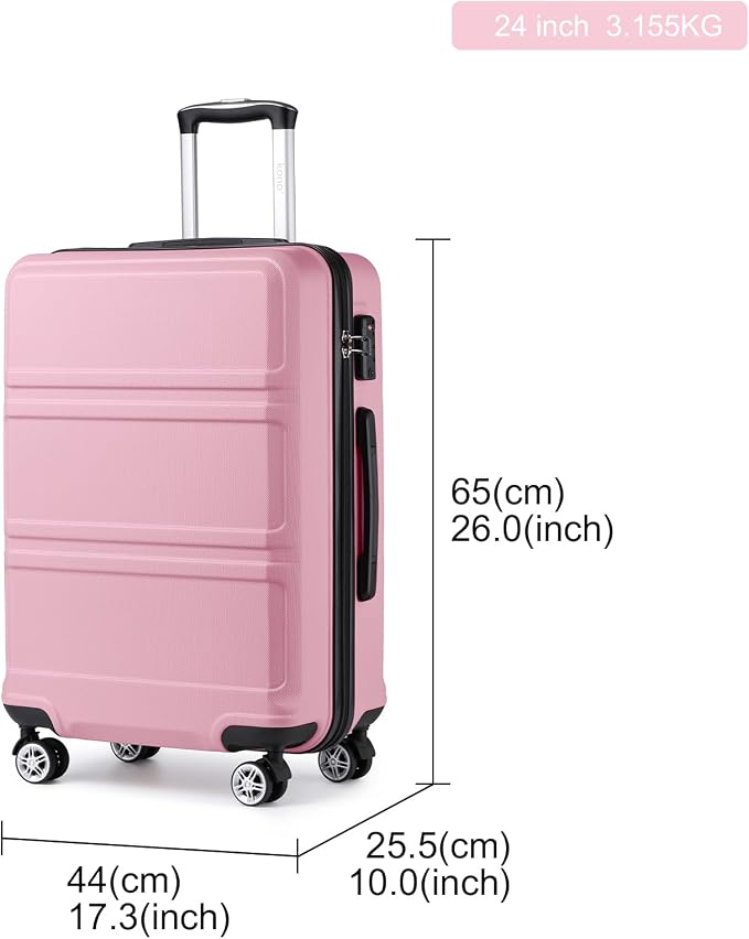 Kono 24 Inch Luggage Suitcase with Spinner Wheels TSA Lock Lightweight PC+ABS Hardside Medium Checked Luggage Durable Rolling Suitcase Pink