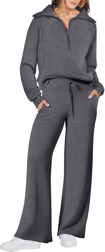 ANRABESS Women’s 2 Piece Outfits Half Zip Sweatshirt & Wide Leg Pants Airport Travel Lounge Matching Sets Sweatsuits Clothing