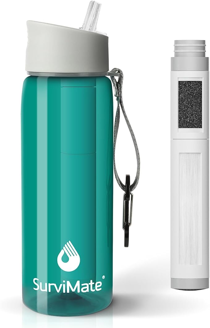 Survimate 5-Stage 0.01μm Ultra-Filtration Filtered Water Bottle, BPA-Free Material, NSF/ANSI 42 Certified, Portable Water Filter Bottle for Survival, Camping, Hiking, and Emergency Use