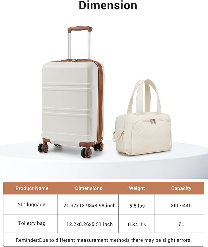 Kono Carry On Luggage Airline Approved with Large Toiletry Bag, 20 Inch Lightweight PC+ABS Luggage with TSA Lock, Expandable Hard Shell Carry On Suitcases, White