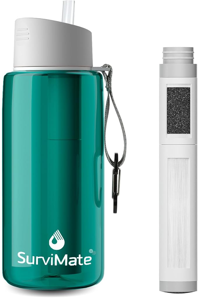 SurviMate 5-Stage 0.01μm Ultra-Filtration Filtered Water Bottle, BPA-Free Material, NSF/ANSI 42 Certified, Portable Water Filter Bottle for Survival, Camping, Hiking, and Emergency Use