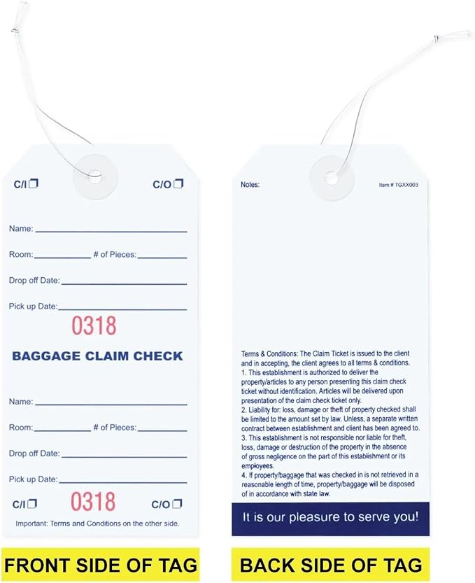 1000 Baggage Claim Check Tags with Red Consecutive Numbering. Elastic Strings Attached to Each tag with Reinforced Eyelet Around Hole Prevents Tearing. Size: 5 1/4" (Height) x 2 5/8" (Width)