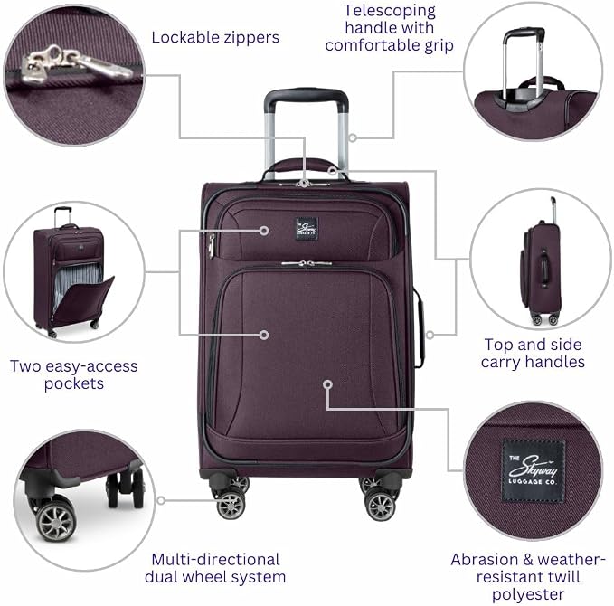 Skyway Epic Softside 3-Piece Luggage Set - Lightweight Suitcase with Wheels | TSA Approved Travel Bag | Spinner Suitcase | Luggage Set with Telescoping Handle, 20", 24" & 28", Plum