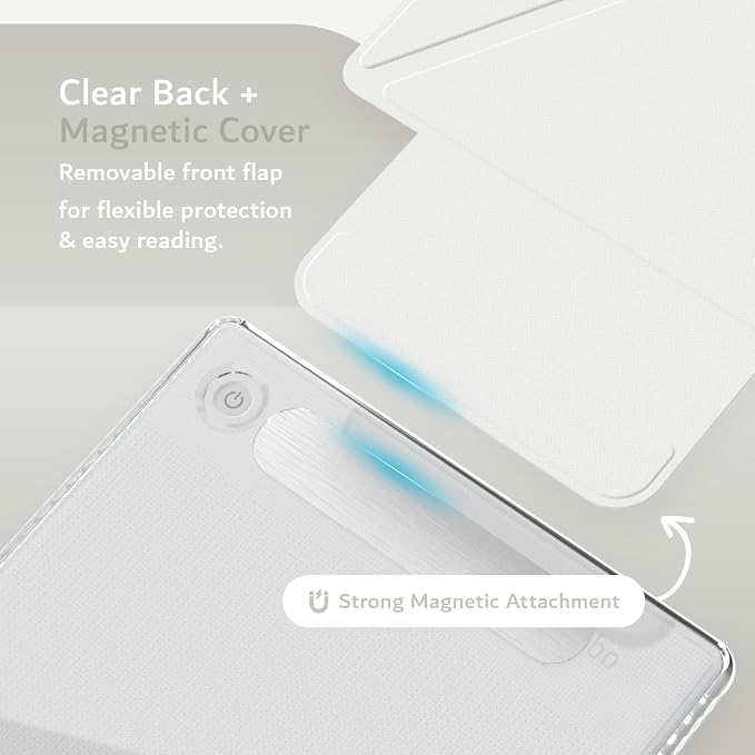 TUDIA M-FLIP Detachable Clear Magnetic Case for Kobo Libra Colour (2024) - [Auto Wake/Sleep] Shockproof Slim Transparent Back Magnetic Fold Cover with Stylus Holder (Off White)