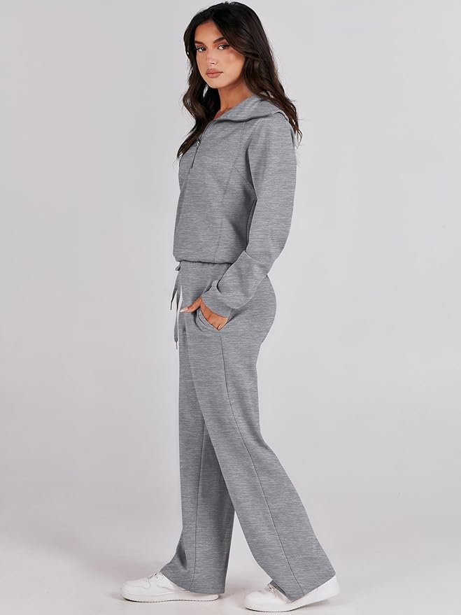 ANRABESS Women’s 2 Piece Outfits Half Zip Sweatshirt & Wide Leg Pants Airport Travel Lounge Matching Sets Sweatsuits Clothing