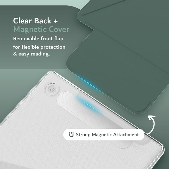 TUDIA M-FLIP Detachable Clear Magnetic Case for Kobo Libra Colour (2024) - [Auto Wake/Sleep] Shockproof Slim Transparent Back Magnetic Fold Cover with Stylus Holder (Dark Green)