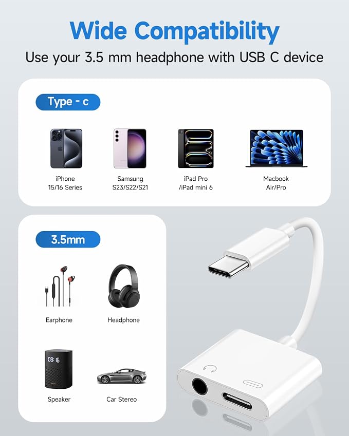 USB C to 3.5mm Headphone and Charger Adapter, Type C to Aux Jack Dongle Cable Cord with PD Fast Charging for iPhone 15/16/17 Pro/Max/Plus, iPad, Samsung Galaxy S23/S24 Ultra, Note 20(1 Pack)