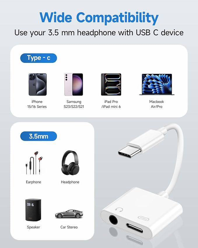 USB C to 3.5mm Headphone and Charger Adapter, 2-Pack Type C to Aux Jack Dongle Cable Cord with PD Fast Charging for iPhone 15/16/17 Pro/Max/Plus, iPad, Samsung Galaxy S22/S23/S24 Ultra (White)