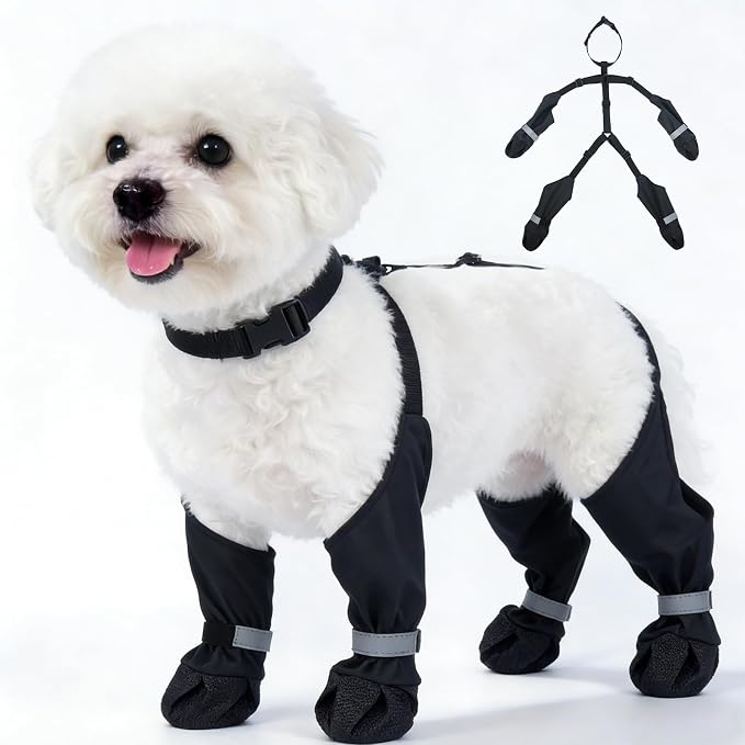 XS Black Stay-On Suspender Dog Boots | Anti-Slip Waterproof | Adjustable Dog Shoes Paw Protector for Small/Medium Dogs Outdoor Walking Hiking Hot Pavement Winter Snow