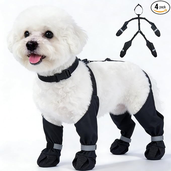 S Black Stay-On Suspender Dog Boots | Anti-Slip Waterproof | Adjustable Dog Shoes Paw Protector for Small/Medium Dogs Outdoor Walking Hiking Hot Pavement Winter Snow