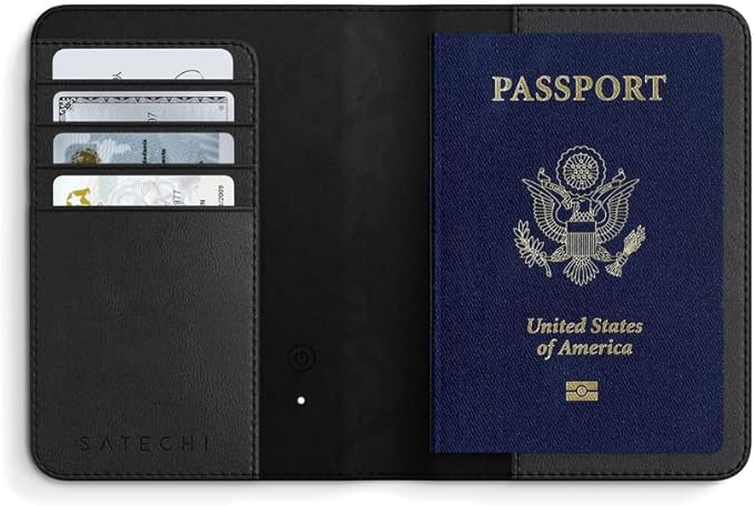 Satechi Passport Holder for Travel with Find My, Passport Cover with 4 Card Holder, Wireless Charging, and RFID protection – Travel Essential Vegan Leather Passport Holder – Black