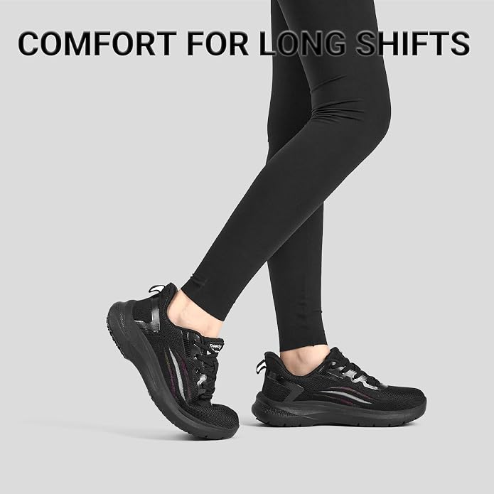 Treesky Black Non Slip Work Shoes for Women, Restaurant & Kitchen Sneakers | Slip resistant soles, lightweight cushioning, breathable knit, removable insole, for nursing, food service & long shifts