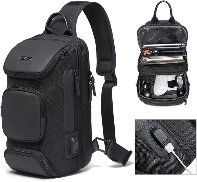 BANGE Sling Bag with USB Charging Port, Waterproof Crossbody Backpack, Lightweight Shoulder Bag Daypack for Travel Work Hiking