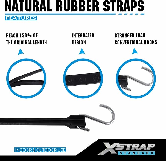 XSTRAP STANDARD 20 Pack Multiple Size Natural Rubber Tarp Bungee Straps Tie Down Cords with S Hooks Heavy Duty Ideal EPDM Bungee Cords for Outdoor, Tarp Covers, Canvas Canopies and Cargo