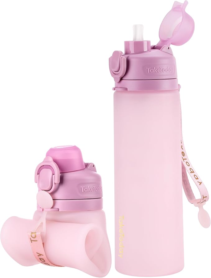 TakeToday Collapsible Water Bottles 20oz and 32oz, Leak Proof, BPA-Free, Foldable Silicone Travel Water Bottle with Straw Strap for Cycling, Hiking, Outdoors