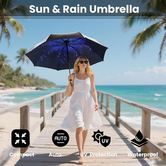 SIEPASA Compact Travel Umbrella - Windproof Auto Open/Close, Small Folding Umbrella for Rain & Sun with UPF50+ - Lightweight Frame, Waterproof - Fits Backpack, Purse, Suitcase.(UV-Starry)