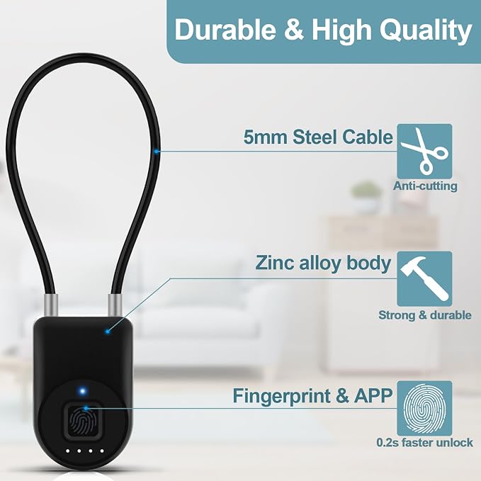 Fingerprint Cable Lock, 3.6'' Long Shackle Fingerprint Lock with Bluetooth APP, Smart Keyless Biometric Waterproof Outdoor Smart Padlock for Gate Fence Locker Cabinet Gym Backyard