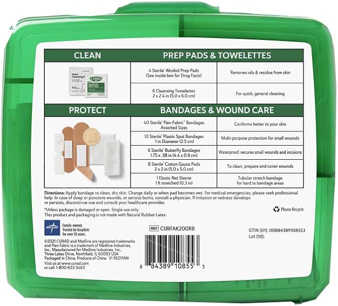 Curad Compact First Aid Kit, Green 75 Items, 1 Each