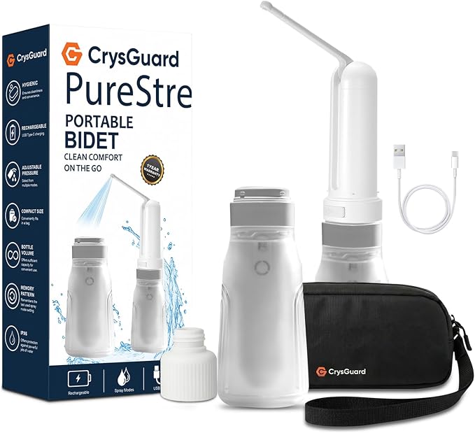 ( 400ml ) PureStream Portable Bidet for Travel – USB-C Rechargeable Handheld Sprayer with Bottle Adapter, 180° Foldable Nozzle, Adjustable Pressure Modes, Waterproof, for Men and Women (White)