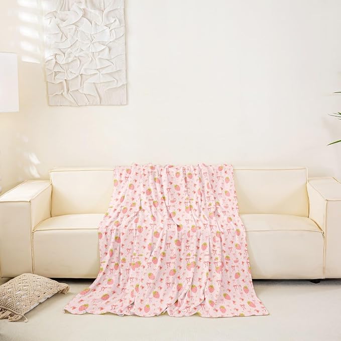 Strawberry Sofa Slipcover Pink Bow Non Slip Fuzzy Pet Couch Covers for Sofa,Princess Silk Ribbon Cute Bowknot Boho Floral Flowers Kawaii Sofa Cover Furniture Protector Couch Soft for Kids,71" x 102"
