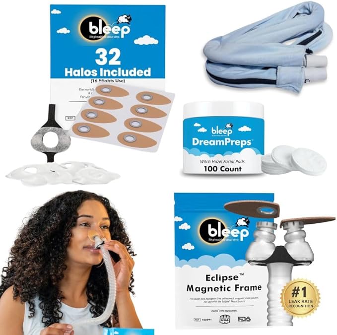 All-in-One CPAP Starter Pack by Bleep - Best CPAP Accessories Kit with Eclipse Mask, Halos, DreamPreps, Hose & Tube - Sleep Apnea Nose Mask for BiPAP Users - Therapy Kit and Supplies for Travel