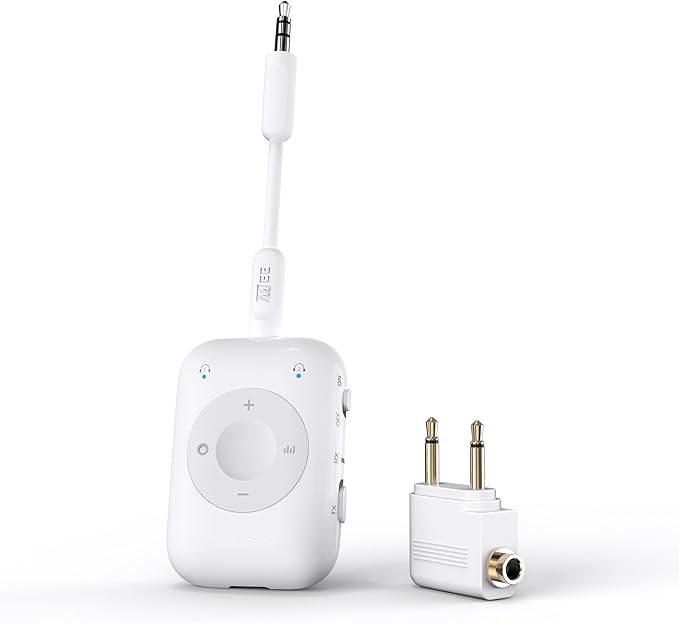 MEE audio Connect Air Pro Bluetooth Wireless Audio Transmitter & Receiver for AirPods or Bluetooth Headphones, 2-in-1 Adapter with Detachable Cable 3.5mm Aux Audio Jack for Airplanes, Auto, Gym, White