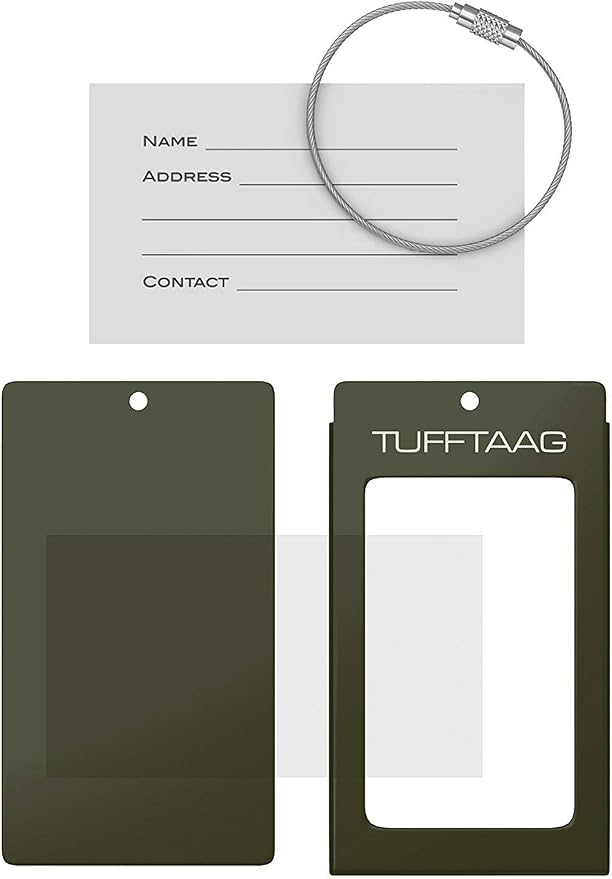 Luggage Tags Business Card Holder by TUFFTAAG - Durable Travel ID Bag Tag, Military Green, 2 Tags