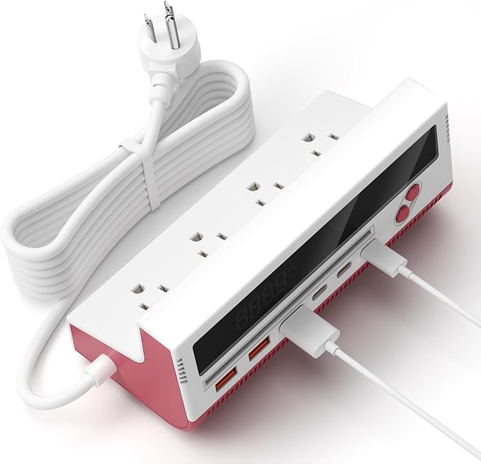 10-in-1 USB Charging Station, 4 Outlets Power Strip with 6 USB, 5 FT Long Extension Cord, 45° Flat Plug, 20W Fast Mulit Charging Station for Home Office Travel Plug Extension Outlet (Red)