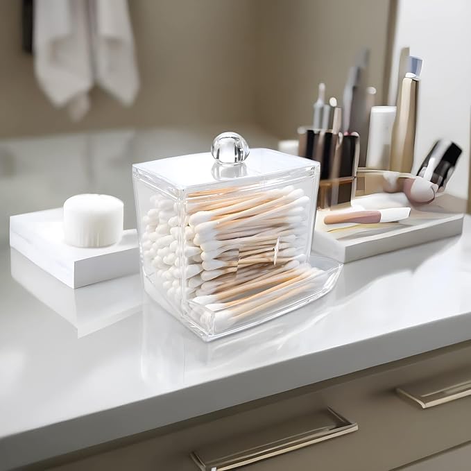 Makeup Removal Cotton Pad Holder with Lid, Multipurpose Bathroom Cotton Swabs Storage Box Cosmetic and Makeup Organizer, Clear, Standard, Combo(Round + Square)