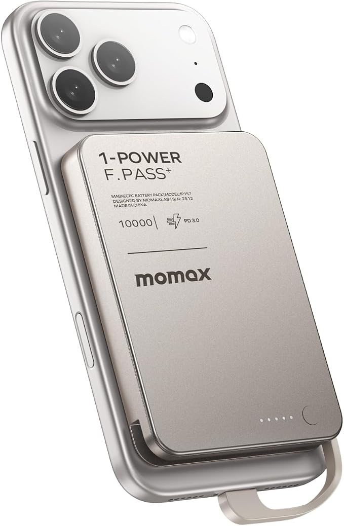 MOMAX Ultra-Slim 10000mAh Portable Power Bank with Built-in USB-C Cable, PD 30W Fast Charging Battery Pack for iPhone 17/16/15, iPhone air, Galaxy, Pixel (No Wireless,No Lightning)