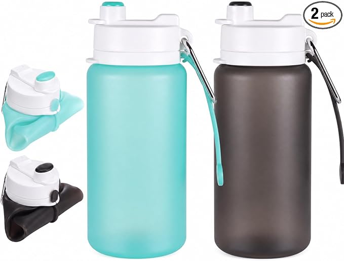 LemonRoad 2 Pcs 19 oz Silicone Collapsible Water Bottle Portable Foldable Water Bottle Leakproof with Carabiner Reusable Lightweight for Travel Sport Hiking Camping Cycling Office(Green Gray)