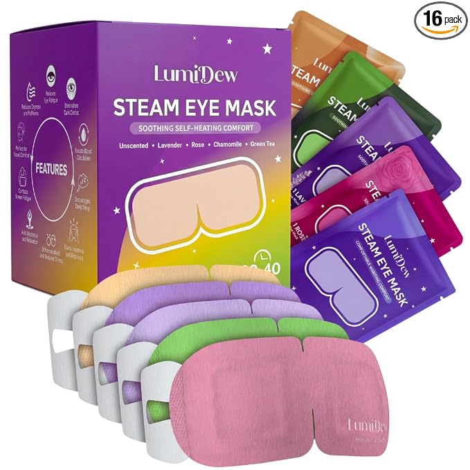 Steam Eye Mask, Self Heating Heated Eye Mask for Sleep, Warm Compress for Eyes, Moist Heat for Dry Eye Relief, Stye Eye Treatment, Spa, Travel Essentials, Variety 16 Pack