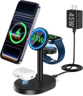 Hevanto 25W 3 in 1 Super Fast Charging Station for Apple MagSafe Charger, Wireless Magnetic Mag-Safe Charger Stand for iPhone 17 16 15 14 13 12 Apple Watch AirPods Series, 45W Adapter Included