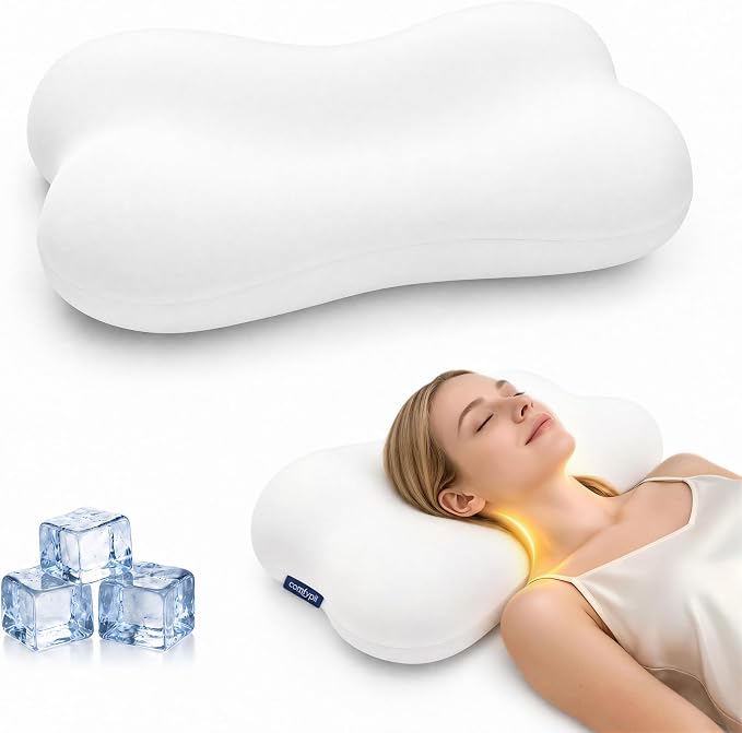 Cervical Pillow for Neck Pain Relief, Ergonomic Contour Memory Foam Pillow for Side Back Stomach Sleepers, Deep Sleep Pillow for Cloud-Soft Shoulder Support with Cooling Pillowcase, White
