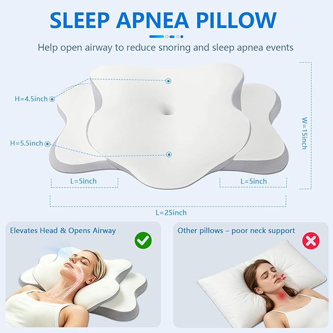 Cervical Neck Pillow for Neck Pain Relief & Side Sleeper | Ergonomic Pillow for Sleep Apnea, Neck Pain, and Snoring Relief | Orthopedic Memory Foam with Ergonomic Neck Support, White, Standard
